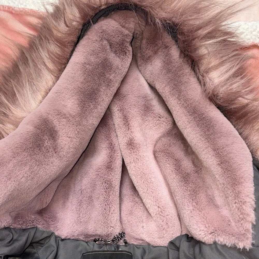BCBGMaxAzria Heavy Charcoal Parka Puffer Coat w/ Mauve Faux Fur Hood - Picture 11 of 13